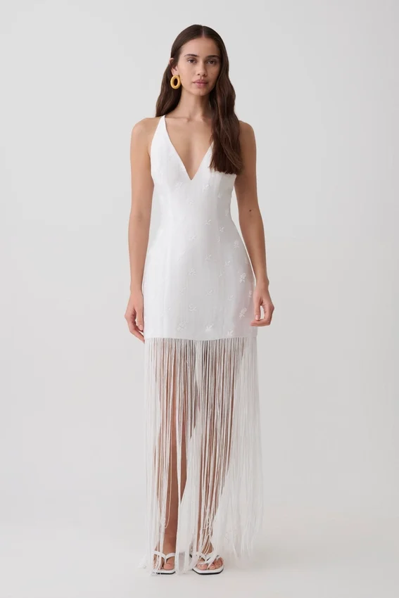 Abigail V Neck Fringe Maxi Dress – White Abigail V Neck Fringe Maxi Dress – White