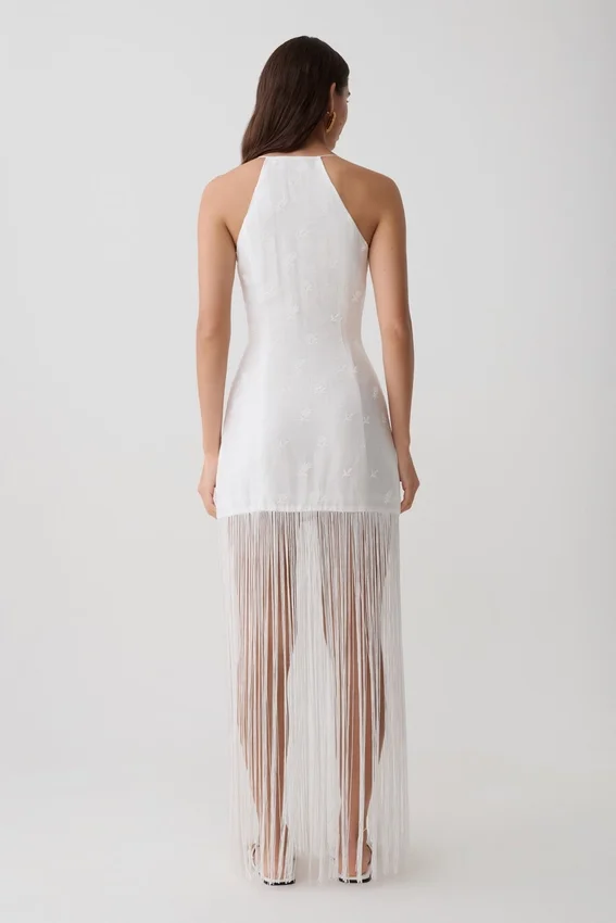 Abigail V Neck Fringe Maxi Dress – White Abigail V Neck Fringe Maxi Dress – White