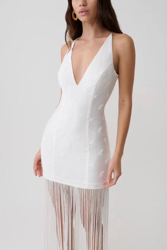 Abigail V Neck Fringe Maxi Dress – White Abigail V Neck Fringe Maxi Dress – White