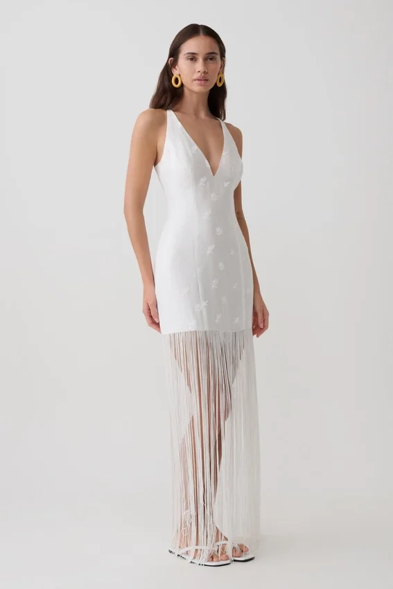 Abigail V Neck Fringe Maxi Dress – White Abigail V Neck Fringe Maxi Dress – White