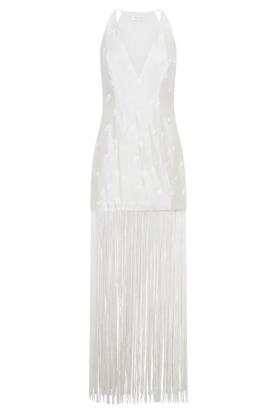 Abigail V Neck Fringe Maxi Dress – White Abigail V Neck Fringe Maxi Dress – White