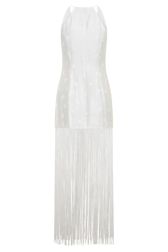 Abigail V Neck Fringe Maxi Dress – White Abigail V Neck Fringe Maxi Dress – White