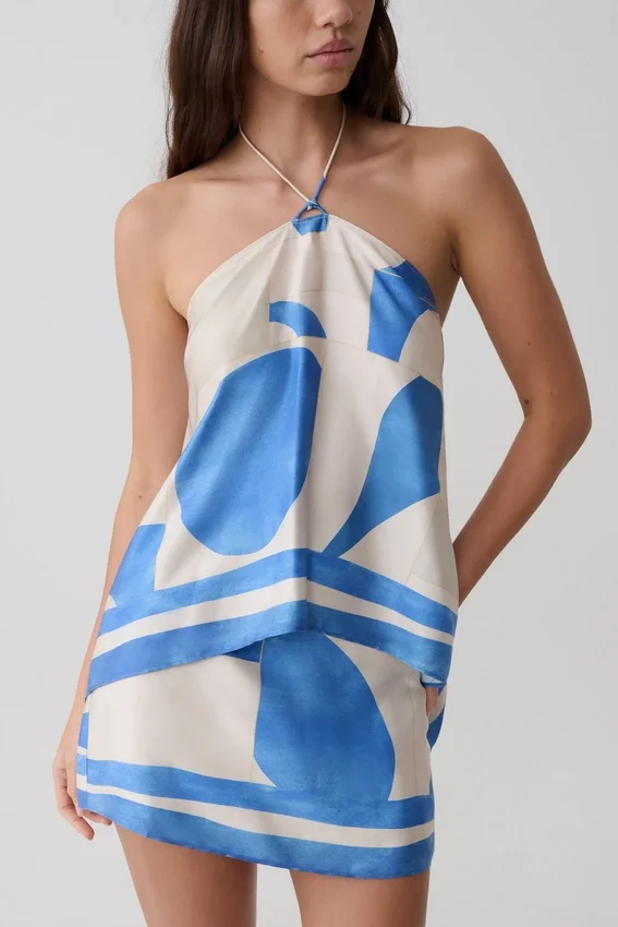 Adelaide Satin Mini Skirt – Blue Geo Tile Print Adelaide Satin Mini Skirt – Blue Geo Tile Print
