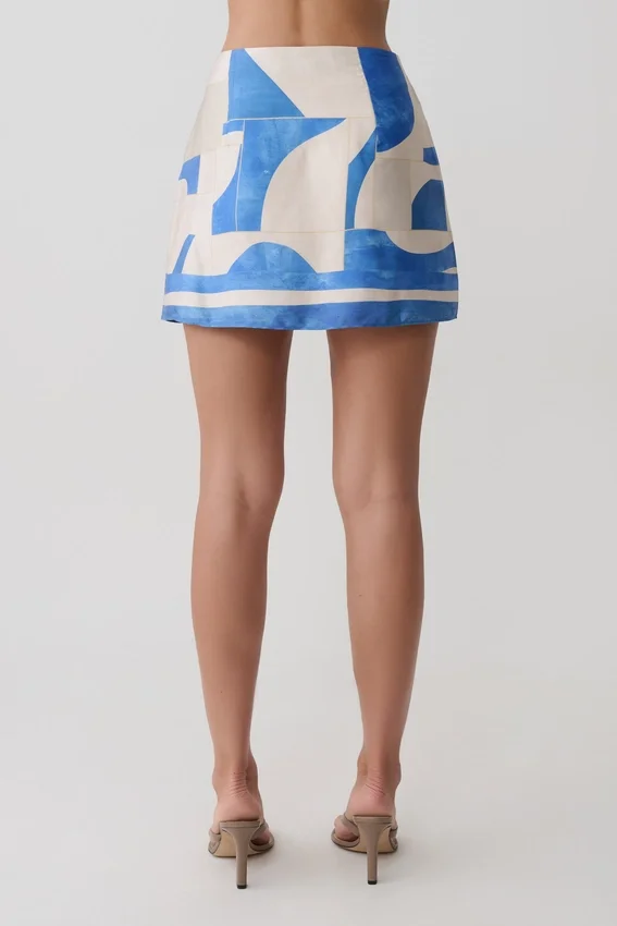 Adelaide Satin Mini Skirt – Blue Geo Tile Print Adelaide Satin Mini Skirt – Blue Geo Tile Print