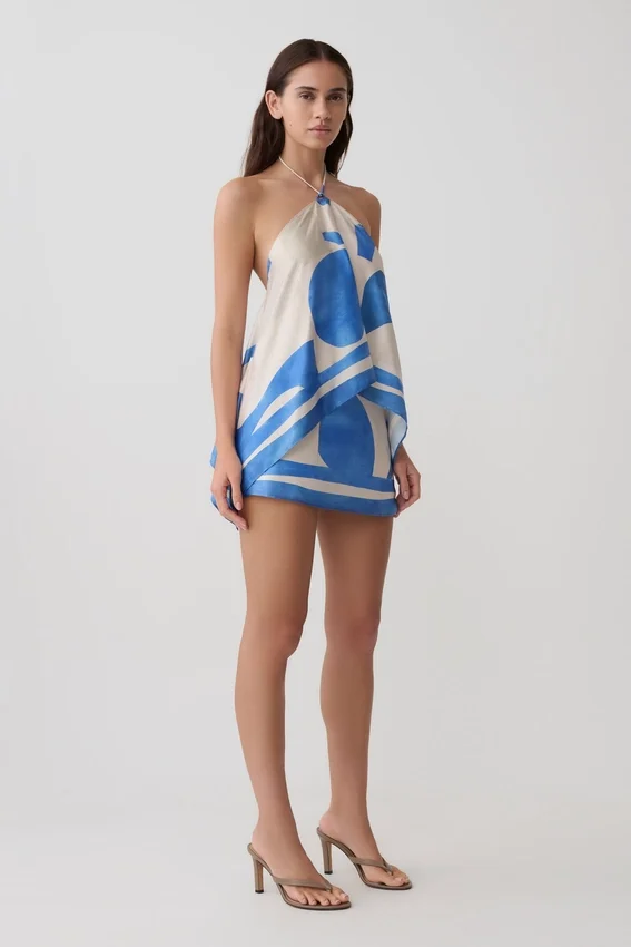 Adelaide Satin Mini Skirt – Blue Geo Tile Print Adelaide Satin Mini Skirt – Blue Geo Tile Print