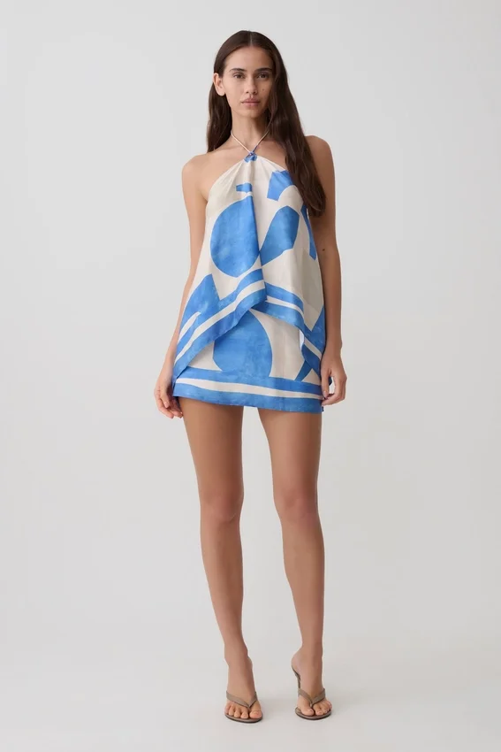 Adelaide Satin Mini Skirt – Blue Geo Tile Print Adelaide Satin Mini Skirt – Blue Geo Tile Print