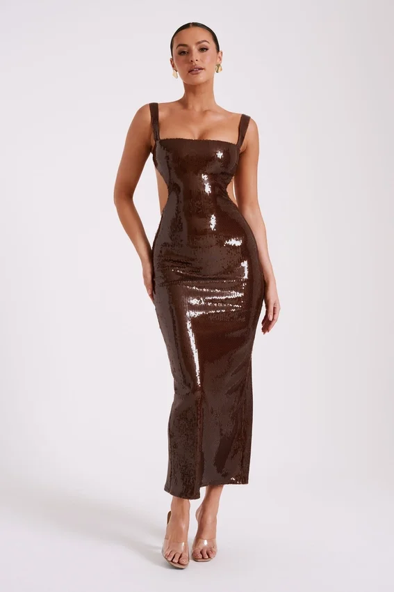 Adoria Sequin Cut Out Maxi Dress – Chocolate Adoria Sequin Cut Out Maxi Dress – Chocolate