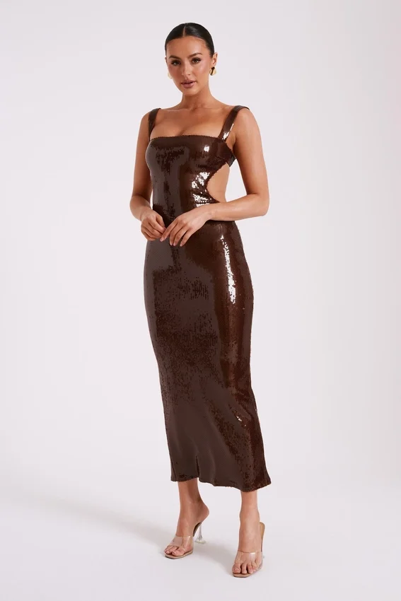 Adoria Sequin Cut Out Maxi Dress – Chocolate Adoria Sequin Cut Out Maxi Dress – Chocolate
