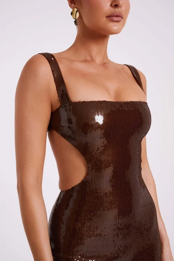 Adoria Sequin Cut Out Maxi Dress – Chocolate Adoria Sequin Cut Out Maxi Dress – Chocolate