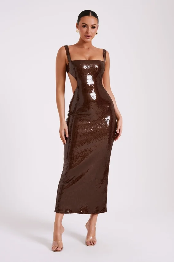 Adoria Sequin Cut Out Maxi Dress – Chocolate Adoria Sequin Cut Out Maxi Dress – Chocolate