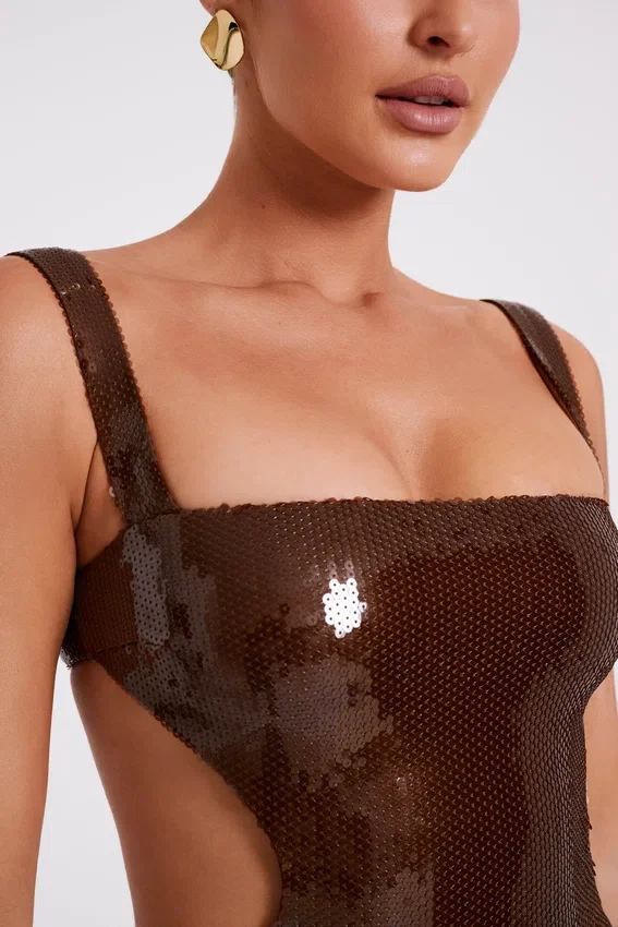 Adoria Sequin Cut Out Maxi Dress – Chocolate Adoria Sequin Cut Out Maxi Dress – Chocolate
