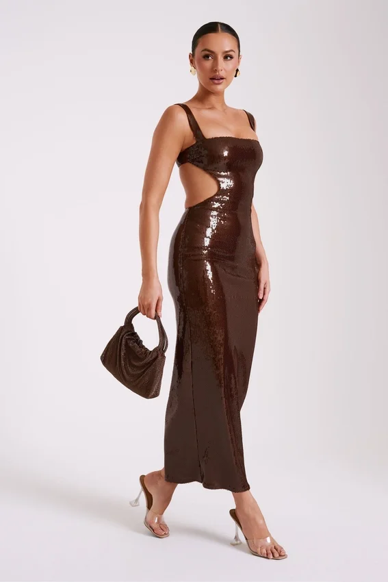 Adoria Sequin Cut Out Maxi Dress – Chocolate Adoria Sequin Cut Out Maxi Dress – Chocolate