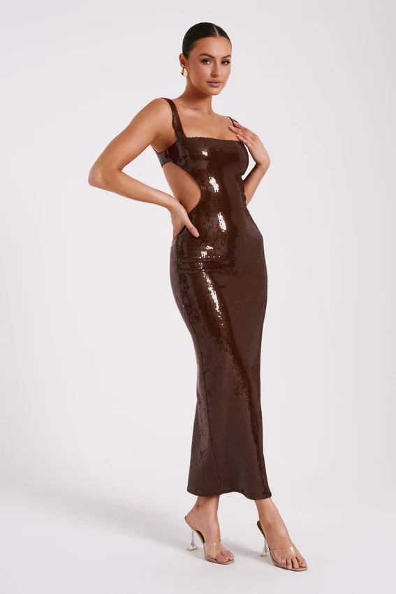 Adoria Sequin Cut Out Maxi Dress – Chocolate Adoria Sequin Cut Out Maxi Dress – Chocolate