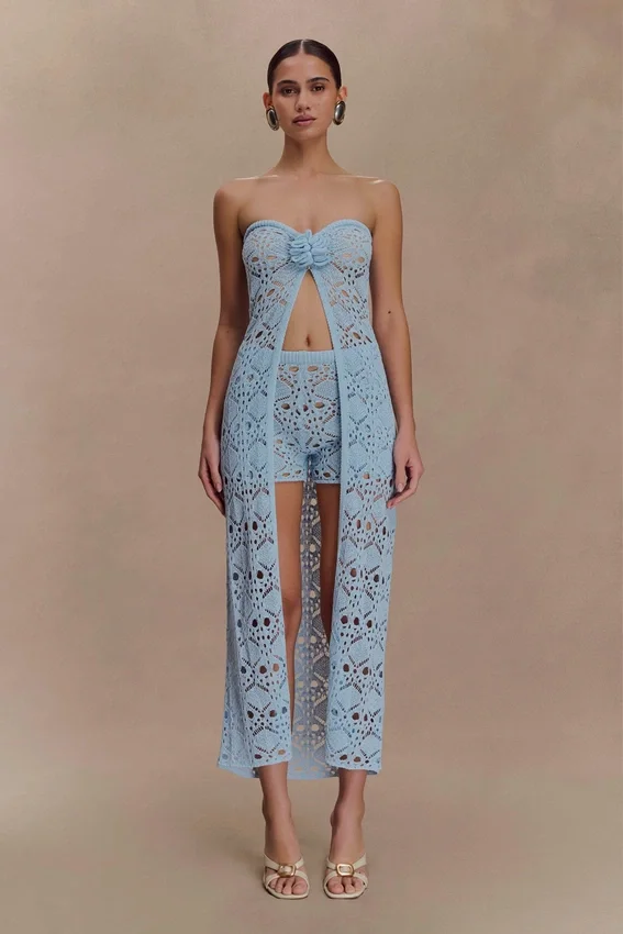 Aeline Strapless Crochet Knit Top – Sky Blue Aeline Strapless Crochet Knit Top – Sky Blue