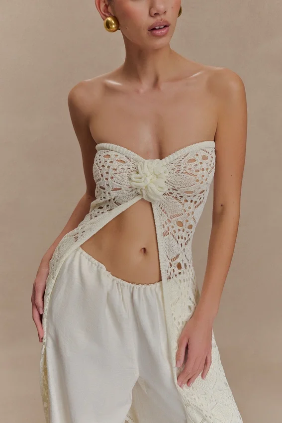 Aeline Strapless Crochet Knit Top – Ivory Aeline Strapless Crochet Knit Top – Ivory