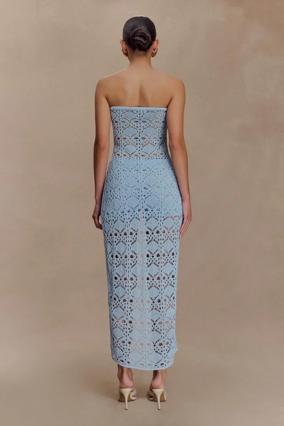 Aeline Strapless Crochet Knit Top – Sky Blue Aeline Strapless Crochet Knit Top – Sky Blue