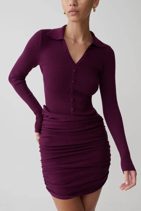 Agness Long Sleeve Button Up Knit Dress – Plum Agness Long Sleeve Button Up Knit Dress – Plum