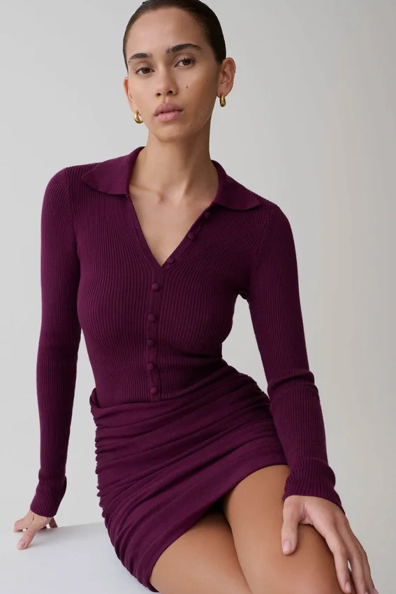 Agness Long Sleeve Button Up Knit Dress – Plum Agness Long Sleeve Button Up Knit Dress – Plum