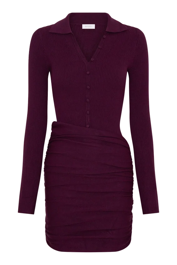 Agness Long Sleeve Button Up Knit Dress – Plum Agness Long Sleeve Button Up Knit Dress – Plum