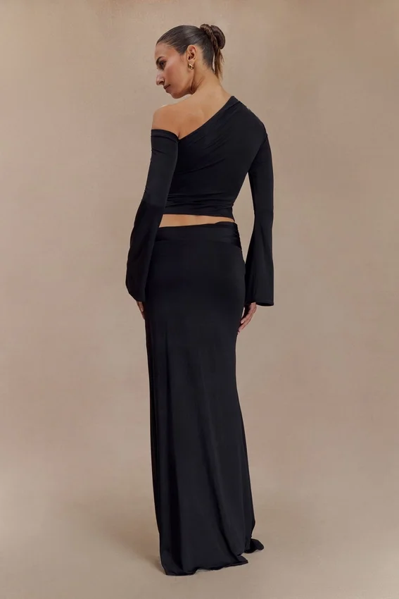 Ainsley Asymmetrical Maxi Skirt With Floral Hardware – Black Ainsley Asymmetrical Maxi Skirt With Floral Hardware – Black