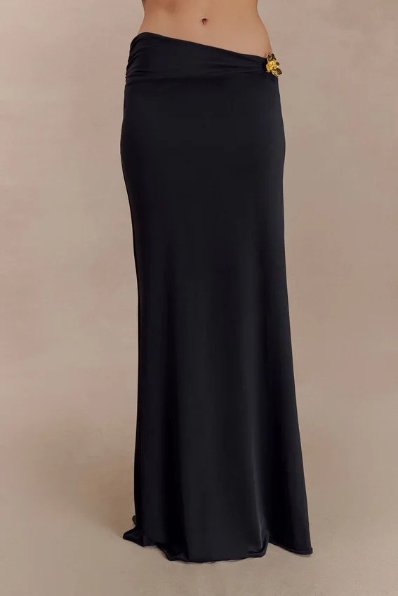 Ainsley Asymmetrical Maxi Skirt With Floral Hardware – Black Ainsley Asymmetrical Maxi Skirt With Floral Hardware – Black
