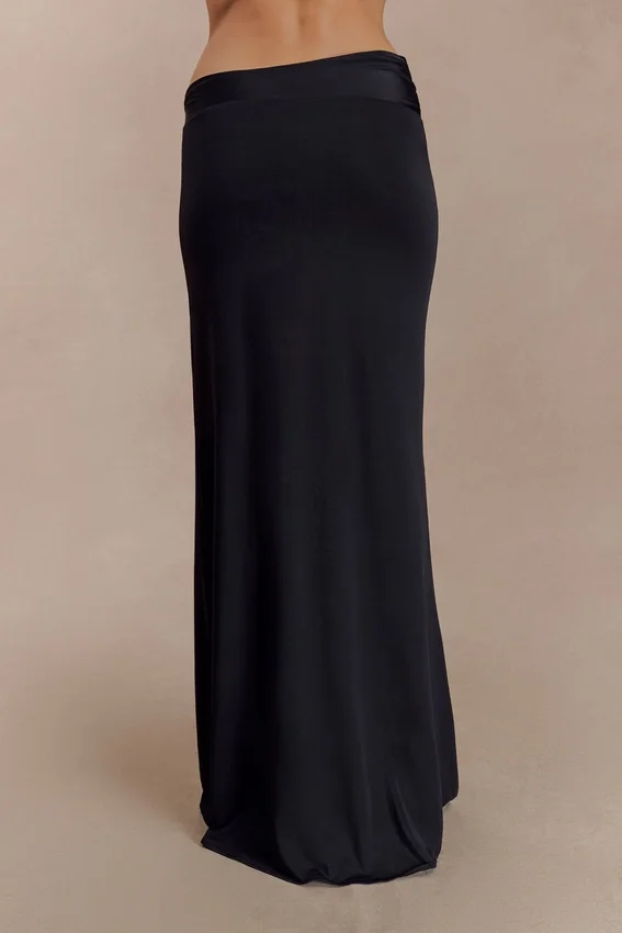 Ainsley Asymmetrical Maxi Skirt With Floral Hardware – Black Ainsley Asymmetrical Maxi Skirt With Floral Hardware – Black