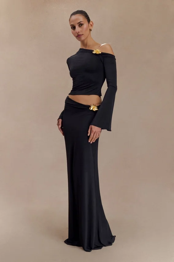 Ainsley Asymmetrical Maxi Skirt With Floral Hardware – Black Ainsley Asymmetrical Maxi Skirt With Floral Hardware – Black