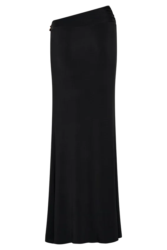 Ainsley Asymmetrical Maxi Skirt With Floral Hardware – Black Ainsley Asymmetrical Maxi Skirt With Floral Hardware – Black