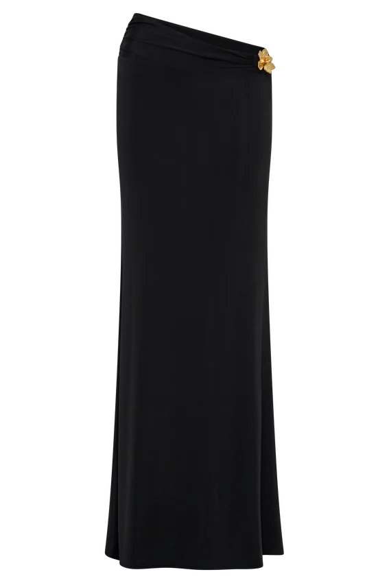 Ainsley Asymmetrical Maxi Skirt With Floral Hardware – Black Ainsley Asymmetrical Maxi Skirt With Floral Hardware – Black