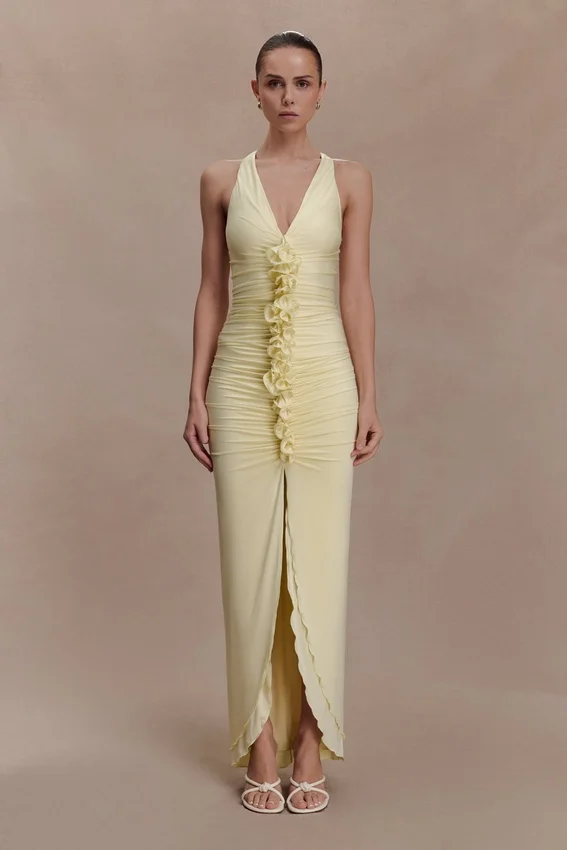 Alessandra Slinky Ruffle Maxi Dress – Lemon Alessandra Slinky Ruffle Maxi Dress – Lemon