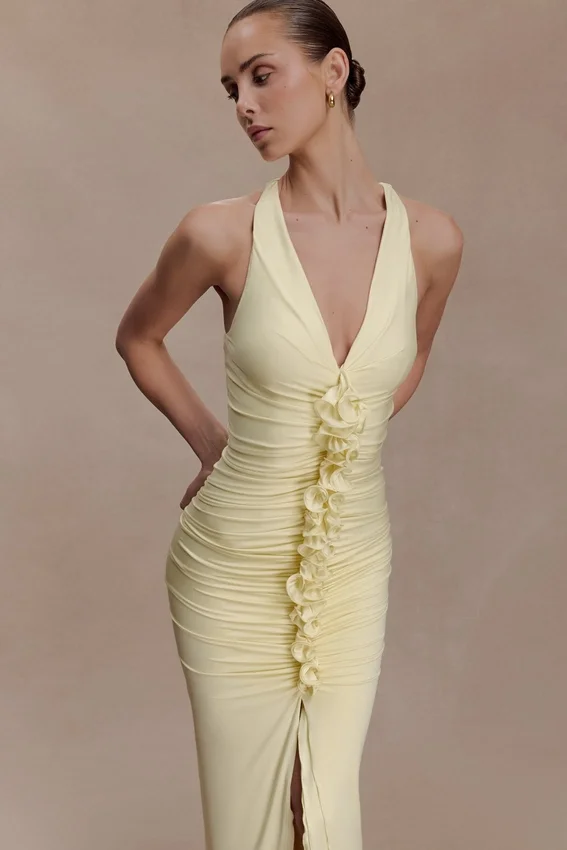 Alessandra Slinky Ruffle Maxi Dress – Lemon Alessandra Slinky Ruffle Maxi Dress – Lemon