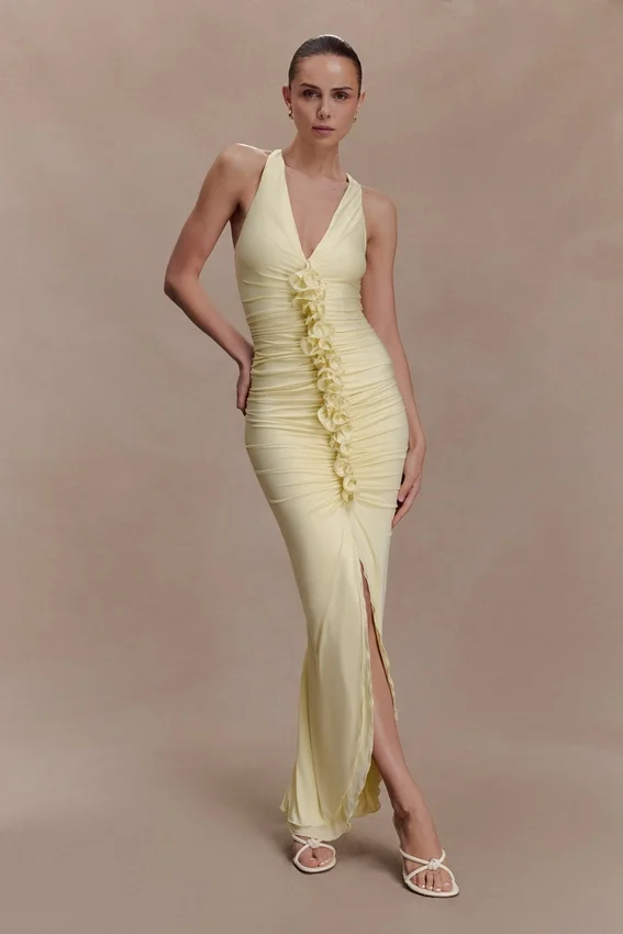 Alessandra Slinky Ruffle Maxi Dress – Lemon Alessandra Slinky Ruffle Maxi Dress – Lemon