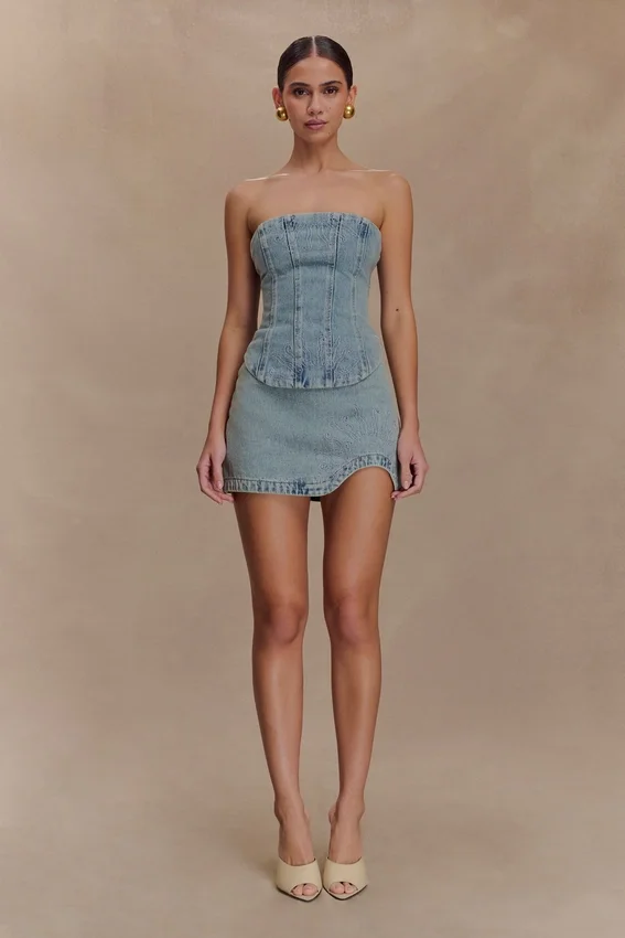 Alessia Embroidered Denim Mini Skirt – Light Vintage Alessia Embroidered Denim Mini Skirt – Light Vintage