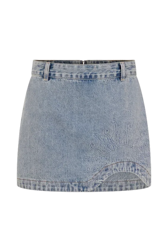 Alessia Embroidered Denim Mini Skirt – Light Vintage Alessia Embroidered Denim Mini Skirt – Light Vintage