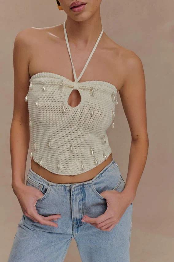 Aletta Knit Pearl Halter Top – Ivory Aletta Knit Pearl Halter Top – Ivory