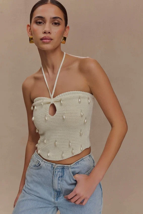 Aletta Knit Pearl Halter Top – Ivory Aletta Knit Pearl Halter Top – Ivory