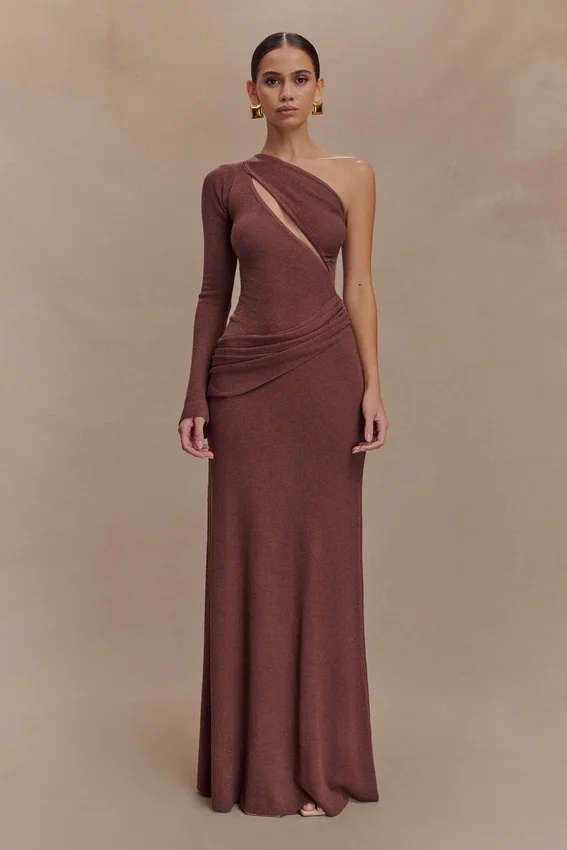 Alexius One Shoulder Knit Maxi Dress – Nutmeg Alexius One Shoulder Knit Maxi Dress – Nutmeg