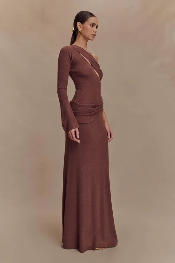 Alexius One Shoulder Knit Maxi Dress – Nutmeg Alexius One Shoulder Knit Maxi Dress – Nutmeg