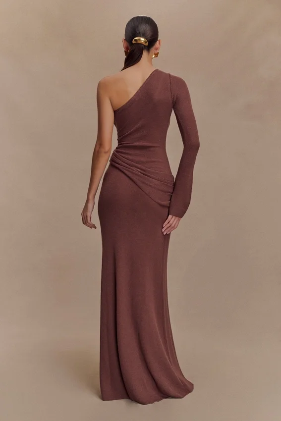 Alexius One Shoulder Knit Maxi Dress – Nutmeg Alexius One Shoulder Knit Maxi Dress – Nutmeg