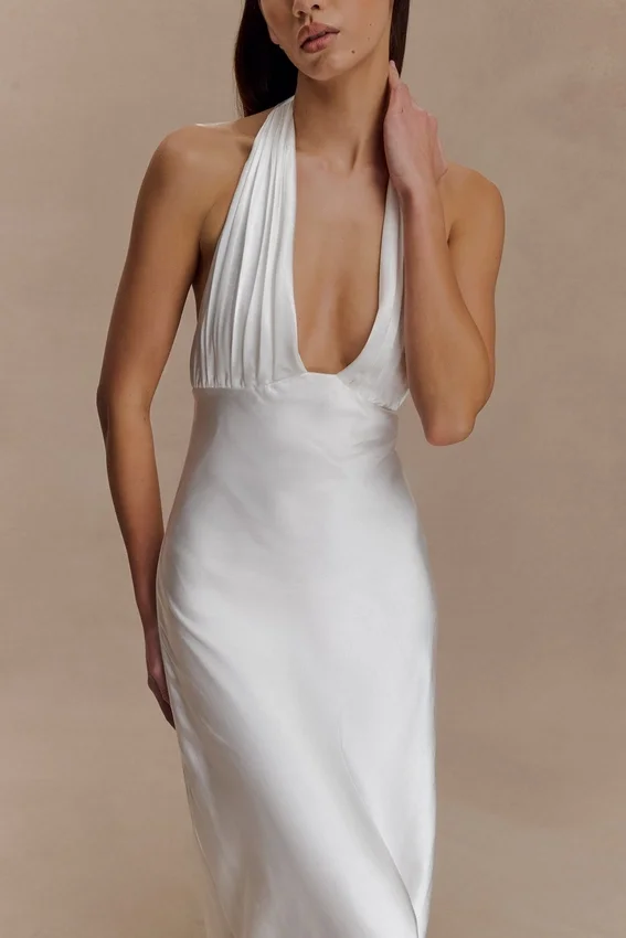 Alice Satin Halter Maxi Dress – White Alice Satin Halter Maxi Dress – White