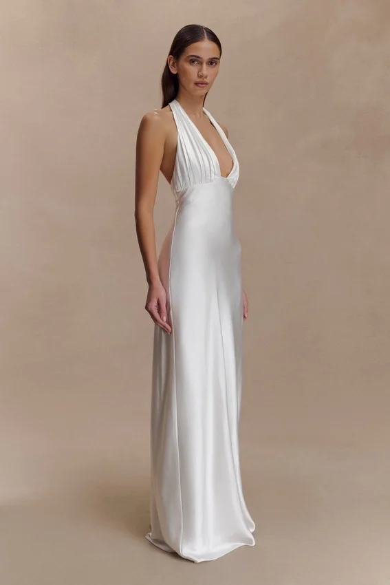 Alice Satin Halter Maxi Dress – White Alice Satin Halter Maxi Dress – White