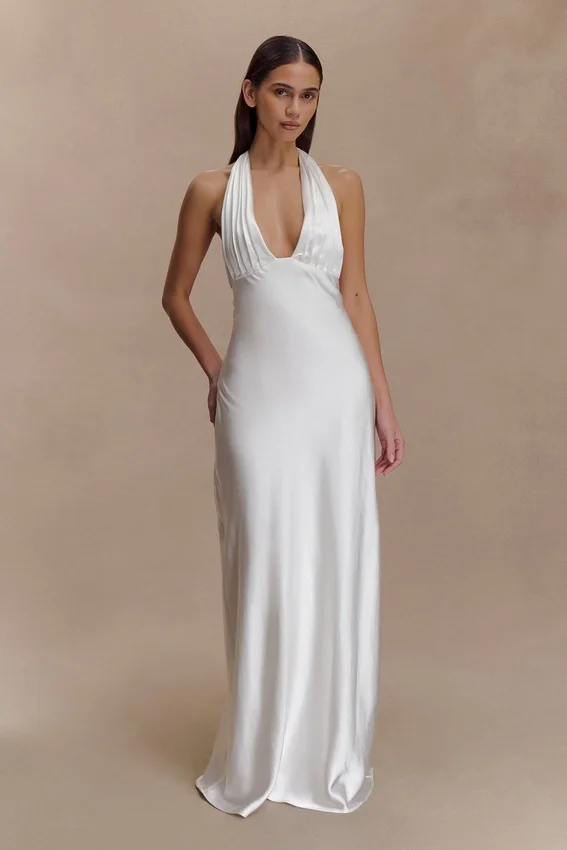 Alice Satin Halter Maxi Dress – White Alice Satin Halter Maxi Dress – White