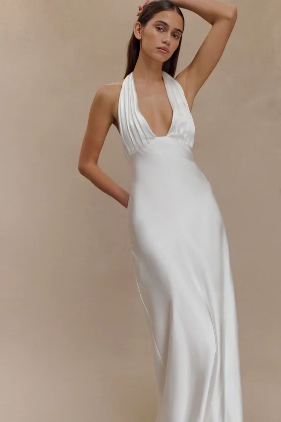 Alice Satin Halter Maxi Dress – White Alice Satin Halter Maxi Dress – White