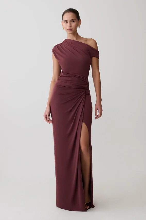 Alyn Off Shoulder Draped Maxi Dress – Dark Plum Alyn Off Shoulder Draped Maxi Dress – Dark Plum