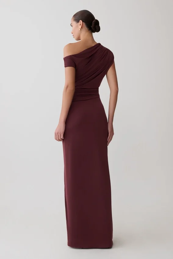 Alyn Off Shoulder Draped Maxi Dress – Dark Plum Alyn Off Shoulder Draped Maxi Dress – Dark Plum