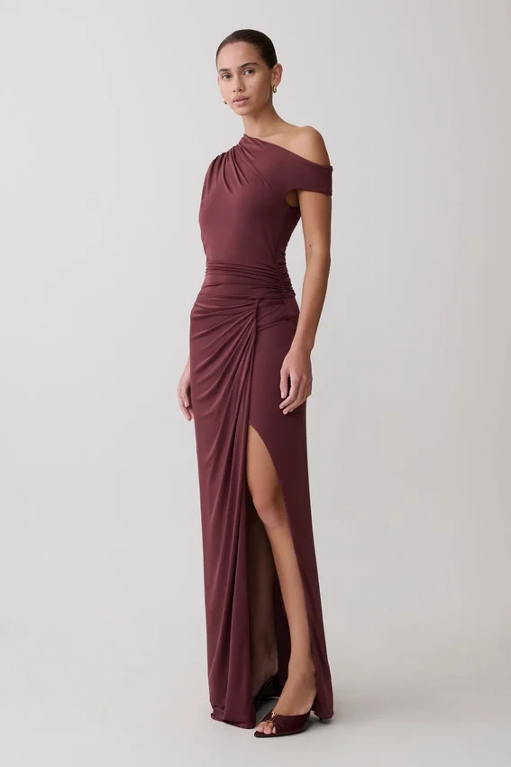 Alyn Off Shoulder Draped Maxi Dress – Dark Plum Alyn Off Shoulder Draped Maxi Dress – Dark Plum