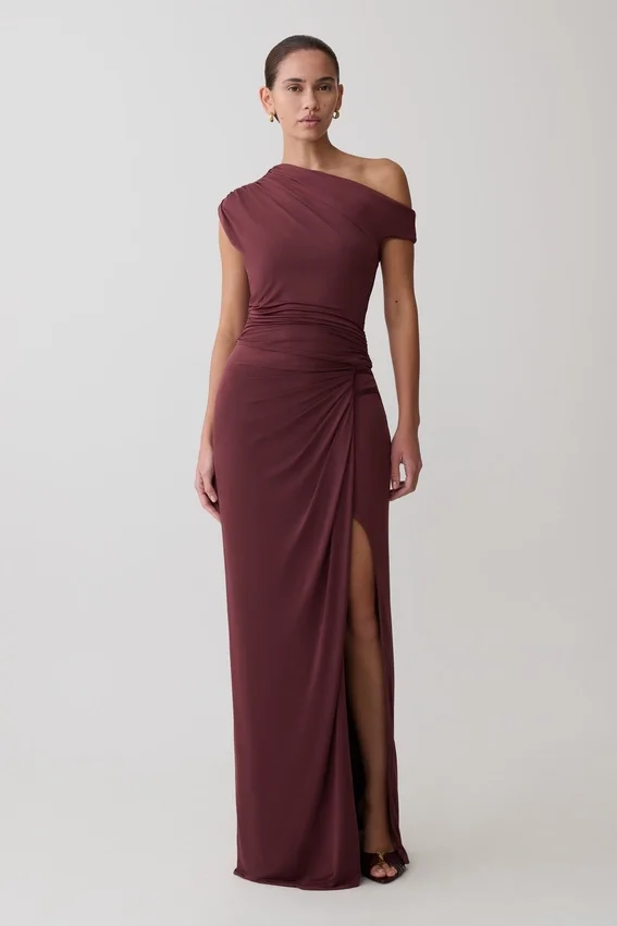 Alyn Off Shoulder Draped Maxi Dress – Dark Plum Alyn Off Shoulder Draped Maxi Dress – Dark Plum