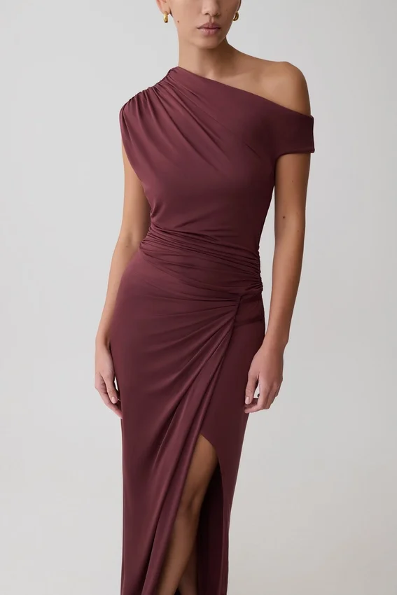 Alyn Off Shoulder Draped Maxi Dress – Dark Plum Alyn Off Shoulder Draped Maxi Dress – Dark Plum