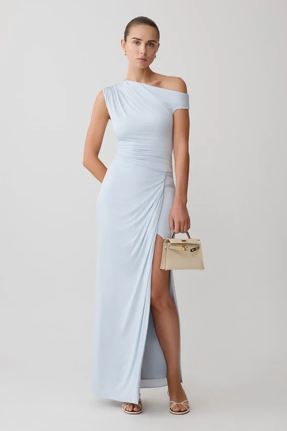 Alyn Off Shoulder Draped Maxi Dress – Pale Blue Alyn Off Shoulder Draped Maxi Dress – Pale Blue