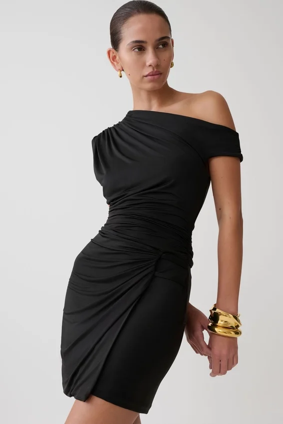 Alyn Off Shoulder Draped Mini Dress – Black Alyn Off Shoulder Draped Mini Dress – Black